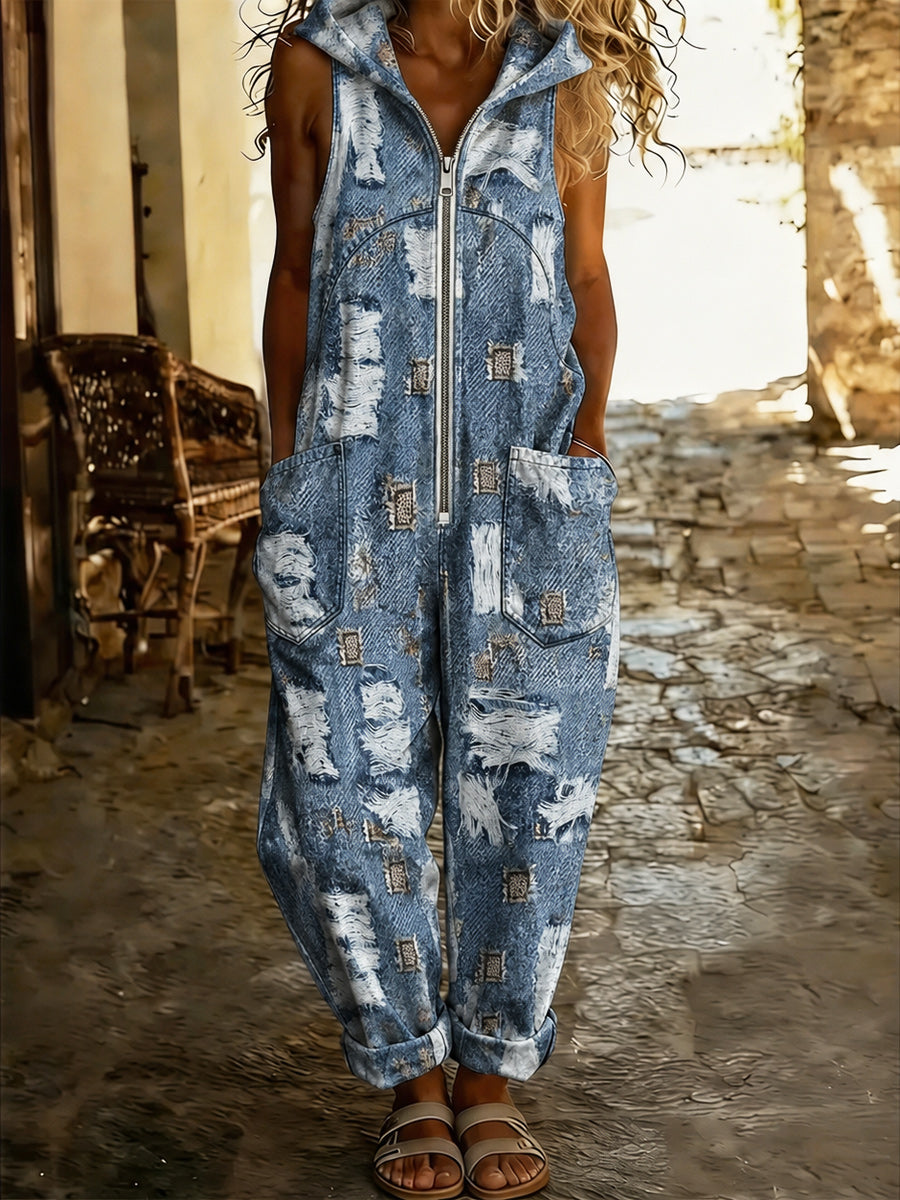 Women's Retro Style Art Print Washed Cotton Denim Sleeveless Hooded Zipper Jumpsuit